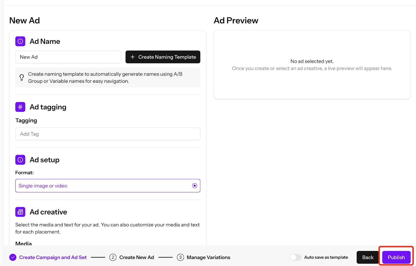 Ad Setup and Publish